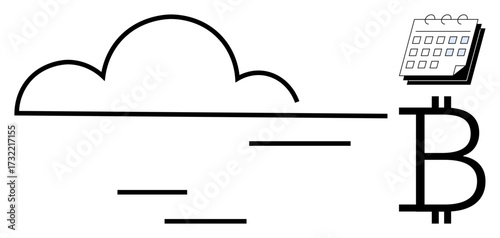 Cloud, horizontal lines, Bitcoin symbol, and a calendar suggest data storage, decentralized technology, and planning. Ideal for cryptocurrency, finance, cloud tech innovation productivity fintech