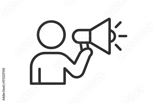 Person with megaphone line icon. Brand ambassador, social media influencer, public speaker. For product announcement, marketing, advertising, promotion, alert, news, communication.