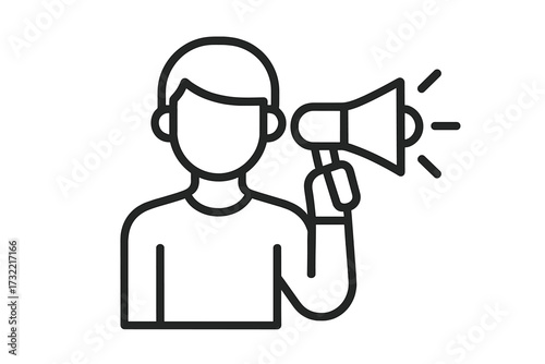 Vector line icon of a person with a megaphone. Concept for brand ambassador, influencer marketing, public speaker, or announcement. Symbol for advertising, promotion, alert, or news.