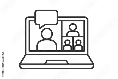 Video conference vector line icon. Online meeting, webinar, and remote work concept. Team communication on a laptop screen with a speaker and speech bubble. Virtual chat.