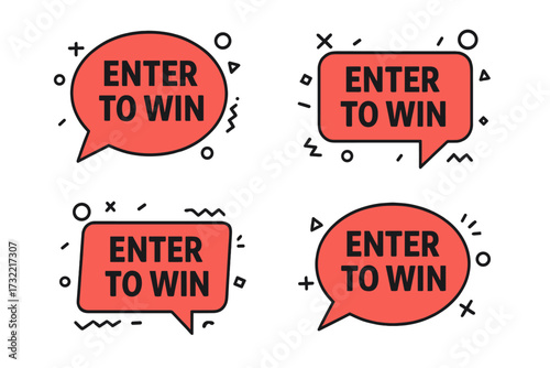 Enter to Win vector speech bubble set. Modern banners for contest, giveaway, lottery & raffle promotion. Prize competition announcement. Red text balloons with geometric shapes.