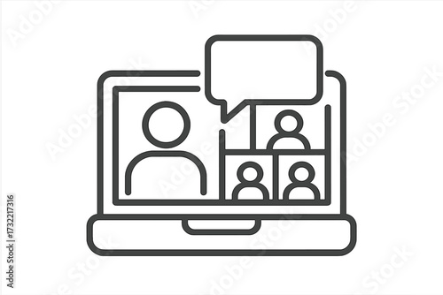Video conference line icon. Online meeting on laptop screen. Webinar, distance work, and e-learning concept. Virtual communication with speaker and team. Remote business talk.