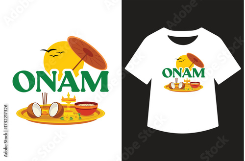 Minimalist black and white graphic featuring "Happy Onam" in modern calligraphy. Text shown standalone and on a white t-shirt design. Clean, bold, high-contrast style for print or design use.