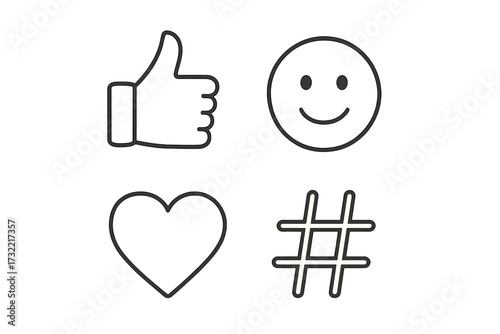 Social media thin line icon set. Thumbs up like, love heart, hashtag and smile face. Vector graphic elements for web, app, ui, ux design and digital marketing communication.