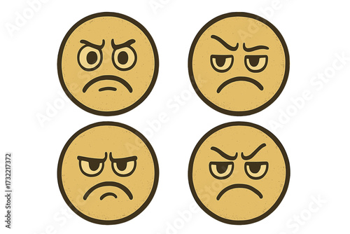 Vintage angry face emoticon set. Grumpy, mad, annoyed emoji expressions. Vector icon pack for bad mood, disapproval, and negative feedback. Retro smiley character design.