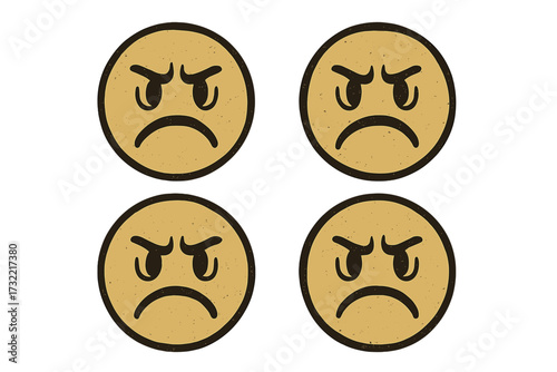 Set of vintage retro angry face emoticons. Grumpy emoji with disapproval expression. Mad and negative smiley icon collection. Grunge textured vector illustration for feelings.