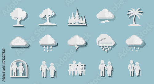 Papercraft icon set. A collection of white paper cut out vector symbols of weather, nature, and family, with a 3D shadow effect.