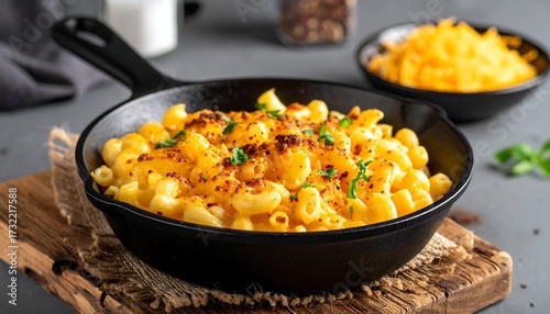 A close-up of a cast iron skillet overflowing with creamy, cheesy macaroni and cheese, with ingredients in the background