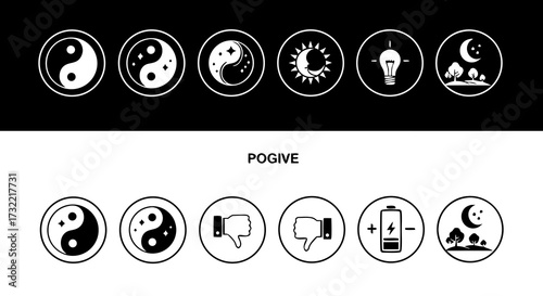 Duality and opposites thin line icon set. A vector collection of outline symbols for light and dark modes, showing contrast and balance.