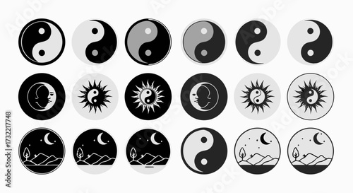 Yin Yang symbol collection. A spiritual vector icon set showing Taoist concepts of balance, duality, sun, moon, day, and night.