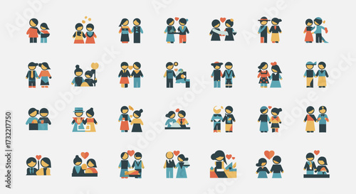 A large collection of flat vector icons showing diverse couples in love. Character illustrations for Valentine's Day, wedding, and relationship concepts.