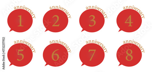 アニバーサリー周年記念 赤い吹き出しセット ベクター素材（1周年, 2周年, 3周年, 4周年, 5周年, 6周年, 7周年, 8周年）