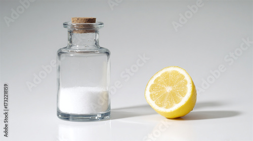 Glass jar with citric acid powder and half of a lemon on white background. Natural food additive and cleaning ingredient