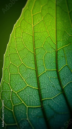 Close-up cinematic view of a lush green leaf showing detailed vein structures, smoothly moving in a seamless loop, ideal for natural, eco-inspired, and organic background visuals