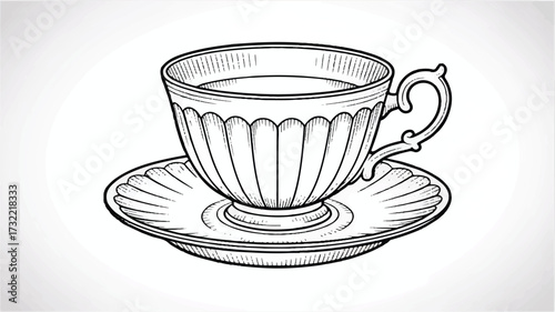 A detailed black aA detailed black and white line drawing of an elegant vintage teacup and saucer set nd white line drawing of an elegant 