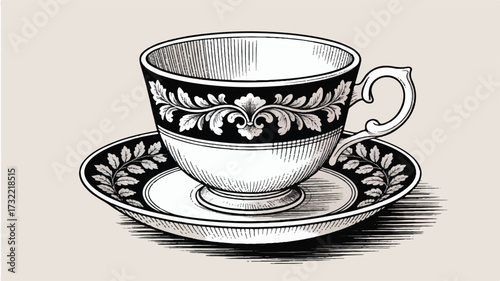 A detailed black and white engraving of an ornate vintage teacup and saucer set.  (4)_trace