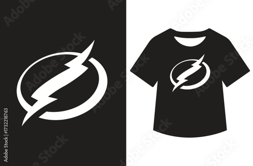 Minimalist graphic design showing a bold lightning bolt within an oval on white, paired with a black background featuring a t-shirt displaying the same design. Clean, modern, and symmetrical.