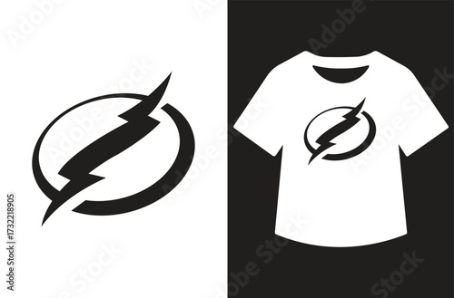 Minimalist graphic design showing a bold lightning bolt within an oval on white, paired with a black background featuring a t-shirt displaying the same design. Clean, modern, and symmetrical.