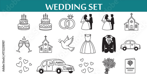 Wedding icon set simple line art vector illustration for graphic design isolated on white background