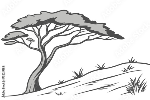 Stylized Tree on Hillside Vector Illustration - Monochrome Sepia Nature Landscape Sketch