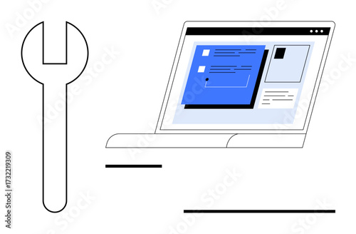 Wrench beside active laptop screen with interface blocks and layout patterns. Ideal for tech support, development, repair, automation, connection, analysis, and adaptability in a simple flat metaphor