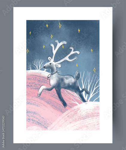 Joyful and Cheerful Reindeer Leaping Gracefully Through a Magical Winter Wonderland Scene