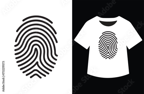Minimalist black and white illustration of a fingerprint and t-shirt. Bold fingerprint pattern contrasts with clean design, symbolizing identity, security, and modern style.