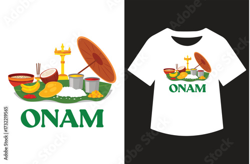 Minimalist black and white graphic featuring "Happy Onam" in modern calligraphy. Text shown standalone and on a white t-shirt design. Clean, bold, high-contrast style for print or design use.