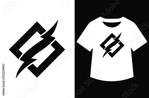 Minimalist graphic design showing a bold lightning bolt within an oval on white, paired with a black background featuring a t-shirt displaying the same design. Clean, modern, and symmetrical.