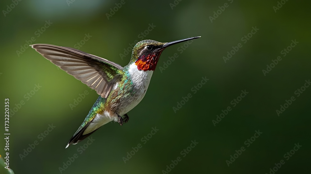Fototapeta premium Ruby-Throated Hummingbird in Flight: A dazzling ruby-throated hummingbird, captured mid-flight with its wings gracefully spread.