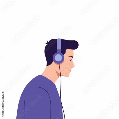 Young man listening to music with headphones on white background  