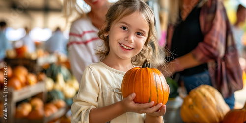 father and daughter choosing pumpkin at farmers market
