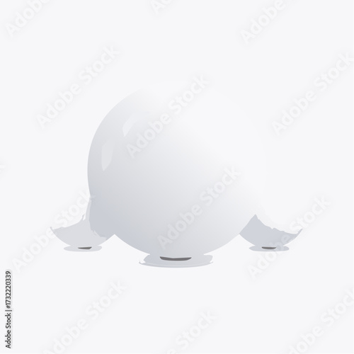 Broken white eggshell with fragments on a plain white background, showcasing a cracked egg.