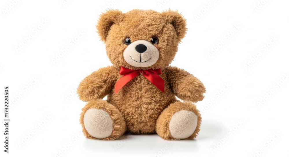 Fototapeta premium Cute Brown Teddy Bear Sitting with Red Ribbon on White Background