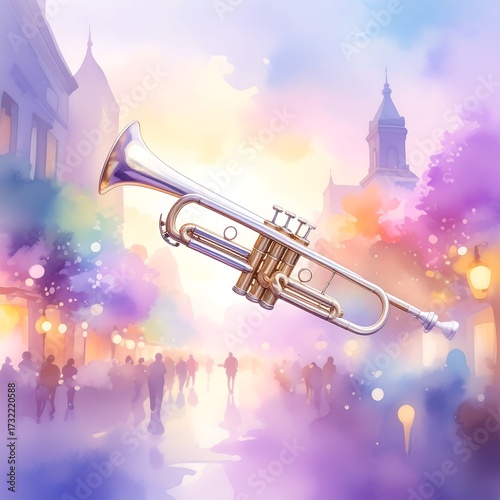 A trumpet floats over a city street at sunset