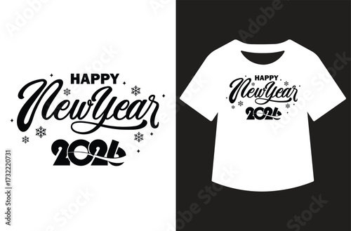 Minimalist black and white graphic featuring "Happy New Year 2026" in modern calligraphy. Text shown standalone and on a white t-shirt design. Clean, bold, high-contrast style for print or design use.