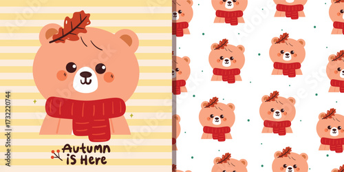set of card and pattern cute cartoon bear with autumn leaves and red scarf. cute autumn card with stripe background