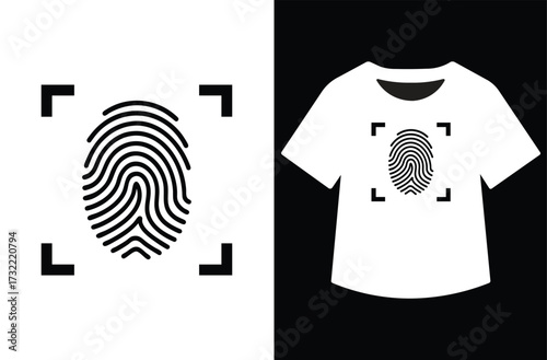 Minimalist black and white illustration of a fingerprint and t-shirt. Bold fingerprint pattern contrasts with clean design, symbolizing identity, security, and modern style.
