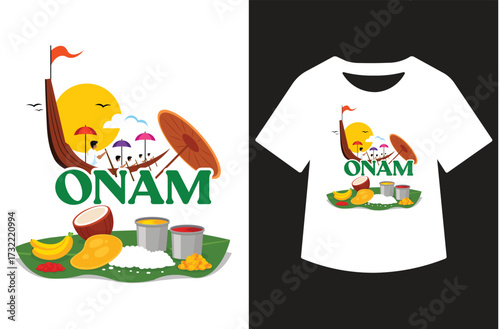 Minimalist black and white graphic featuring "Happy Onam" in modern calligraphy. Text shown standalone and on a white t-shirt design. Clean, bold, high-contrast style for print or design use.