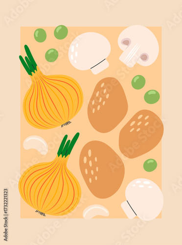 Vegetables poster for supermarket, kitchen, restaurant. Banner with potato, onion, champignon, peas. Culinary ingredients, organic food products, agricultural harvest. Flat vector illustration
