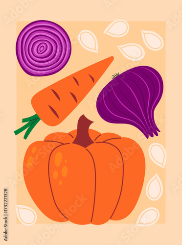 Vegetables poster for supermarket, kitchen, restaurant. Banner with pumpkin, carrot, onion, seeds. Culinary ingredient, organic food products, agricultural harvest. Hand drawn flat vector illustration