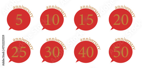 アニバーサリー周年記念 赤い吹き出しセット ベクター素材（5周年・10周年・15周年・20周年・25周年・30周年・40周年・50周年）