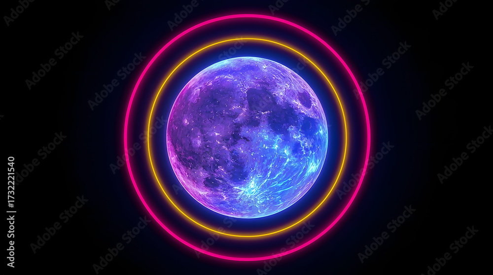 Obraz premium Lunar Luminescence: A celestial body glows vibrantly, framed by neon circles against the dark vastness of space, highlighting a striking visual spectacle.