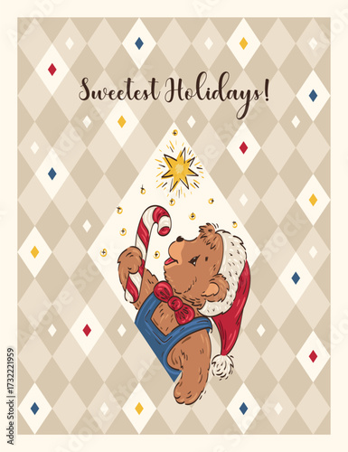 Christmas Bear in Santa Hat with Candy Cane Greeting Card Vector Illustration