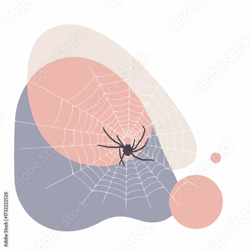 Spider on web with abstract shapes in pastel colors  