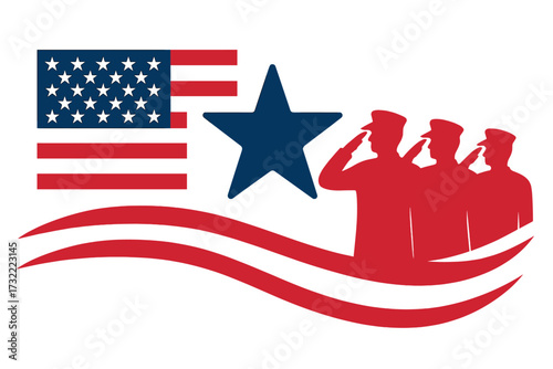 Veterans Day background banner with saluting soldiers. USA celebration honoring all who served. Happy Veterans Day, November 11th. American military patriotic vector illustration.