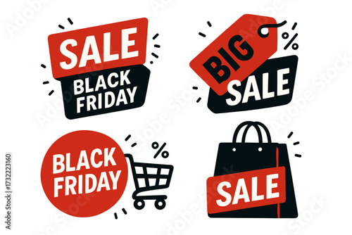 Black Friday sale vector set. Collection of promotional design elements. Discount shopping tags, stickers, and banners for retail advertising. Big sales event icons illustration.