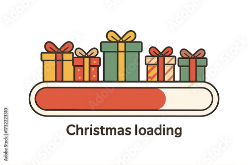 Christmas loading bar with colorful gift boxes. Holiday countdown concept. New Year celebration progress bar with presents. Festive winter season vector illustration design.