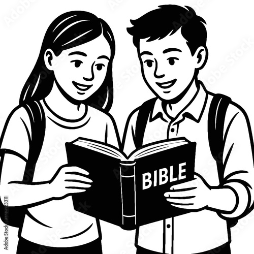 Boy and girl reading a bible book