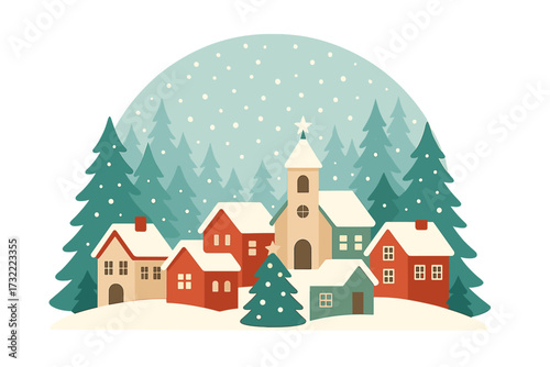 Christmas village in a snowy winter landscape. Festive town scene with cozy houses, a church, and a pine forest under falling snow. Vector illustration for a holiday greeting card.